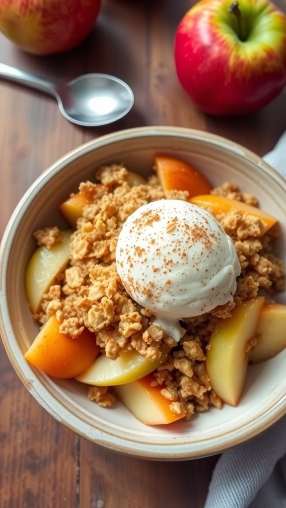 A bowl of quick apple crumble with ice cream, fresh apples, and a spoon on a wooden table.